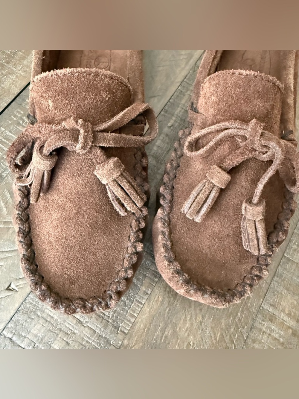 Women's Brown Suede Tassel Moccasins with Peace Logo - Picture 9 of 15